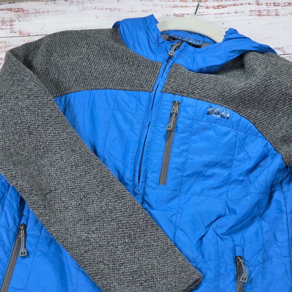 REI Hybrid Jacket Boys M 10/12 Blue Grey Excellent Quilted Hooded Full Zip